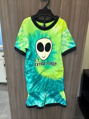 Lazy One Neon Green & Teal Tie-Dye Kids Pajama Set with Alien Graphic